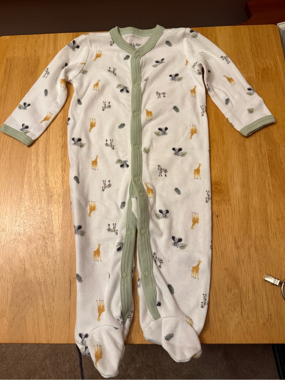 Soft White and Sage Green Baby One-Piece Footed Sleeper 6-9 mo